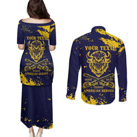 Personalized Bison Buffalo Soldiers Couples Matching Puletasi and Long Sleeve Button Shirt American Heroes - Blue Grunge Style - Wonder Print Shop