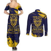 Personalized Bison Buffalo Soldiers Couples Matching Summer Maxi Dress and Long Sleeve Button Shirt American Heroes - Blue Grunge Style - Wonder Print Shop