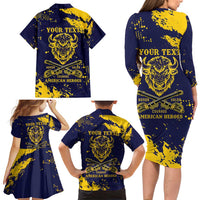 Personalized Bison Buffalo Soldiers Family Matching Long Sleeve Bodycon Dress and Hawaiian Shirt American Heroes - Blue Grunge Style - Wonder Print Shop