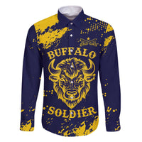 Personalized Bison Buffalo Soldiers Family Matching Off The Shoulder Long Sleeve Dress and Hawaiian Shirt American Heroes - Blue Grunge Style - Wonder Print Shop