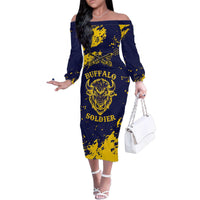 Personalized Bison Buffalo Soldiers Family Matching Off The Shoulder Long Sleeve Dress and Hawaiian Shirt American Heroes - Blue Grunge Style - Wonder Print Shop