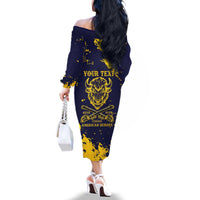Personalized Bison Buffalo Soldiers Family Matching Off The Shoulder Long Sleeve Dress and Hawaiian Shirt American Heroes - Blue Grunge Style - Wonder Print Shop