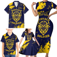 Personalized Bison Buffalo Soldiers Family Matching Short Sleeve Bodycon Dress and Hawaiian Shirt American Heroes - Blue Grunge Style - Wonder Print Shop