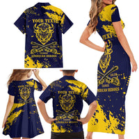 Personalized Bison Buffalo Soldiers Family Matching Short Sleeve Bodycon Dress and Hawaiian Shirt American Heroes - Blue Grunge Style - Wonder Print Shop