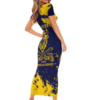 Personalized Bison Buffalo Soldiers Family Matching Short Sleeve Bodycon Dress and Hawaiian Shirt American Heroes - Blue Grunge Style - Wonder Print Shop