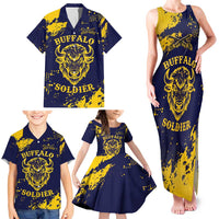 Personalized Bison Buffalo Soldiers Family Matching Tank Maxi Dress and Hawaiian Shirt American Heroes - Blue Grunge Style - Wonder Print Shop