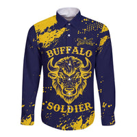 Personalized Bison Buffalo Soldiers Long Sleeve Button Shirt American Heroes - Blue Grunge Style - Wonder Print Shop