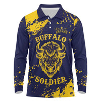 Personalized Bison Buffalo Soldiers Long Sleeve Polo Shirt American Heroes - Blue Grunge Style - Wonder Print Shop