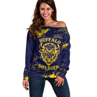 Personalized Bison Buffalo Soldiers Off Shoulder Sweater American Heroes - Blue Grunge Style - Wonder Print Shop