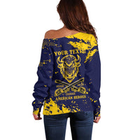 Personalized Bison Buffalo Soldiers Off Shoulder Sweater American Heroes - Blue Grunge Style - Wonder Print Shop