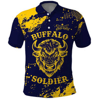 Personalized Bison Buffalo Soldiers Polo Shirt American Heroes - Blue Grunge Style - Wonder Print Shop