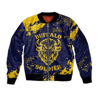 Personalized Bison Buffalo Soldiers Sleeve Zip Bomber Jacket American Heroes - Blue Grunge Style - Wonder Print Shop