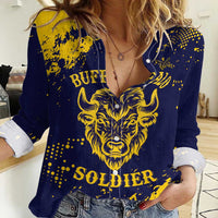 Personalized Bison Buffalo Soldiers Women Casual Shirt American Heroes - Blue Grunge Style - Wonder Print Shop