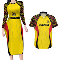 Custom Uganda Cricket Couples Matching Long Sleeve Bodycon Dress and Hawaiian Shirt Go Cricket Cranes - Wonder Print Shop