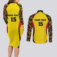 Custom Uganda Cricket Couples Matching Long Sleeve Bodycon Dress and Long Sleeve Button Shirt Go Cricket Cranes - Wonder Print Shop