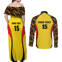 Custom Uganda Cricket Couples Matching Off Shoulder Maxi Dress and Long Sleeve Button Shirt Go Cricket Cranes - Wonder Print Shop