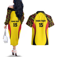 Custom Uganda Cricket Couples Matching Off The Shoulder Long Sleeve Dress and Hawaiian Shirt Go Cricket Cranes - Wonder Print Shop