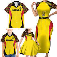 Custom Uganda Cricket Family Matching Short Sleeve Bodycon Dress and Hawaiian Shirt Go Cricket Cranes - Wonder Print Shop