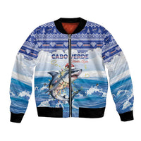 Personalized Cape Verde Football Christmas Bomber Jacket Feliz Natal Tubaroes Azuis - Wonder Print Shop