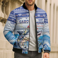 Personalized Cape Verde Football Christmas Bomber Puffer Jacket Feliz Natal Tubaroes Azuis - Wonder Print Shop