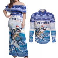 Personalized Cape Verde Football Christmas Couples Matching Off Shoulder Maxi Dress and Long Sleeve Button Shirt Feliz Natal Tubaroes Azuis - Wonder Print Shop