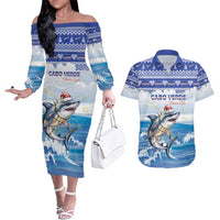 Personalized Cape Verde Football Christmas Couples Matching Off The Shoulder Long Sleeve Dress and Hawaiian Shirt Feliz Natal Tubaroes Azuis - Wonder Print Shop