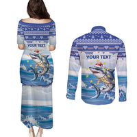 Personalized Cape Verde Football Christmas Couples Matching Puletasi and Long Sleeve Button Shirt Feliz Natal Tubaroes Azuis - Wonder Print Shop