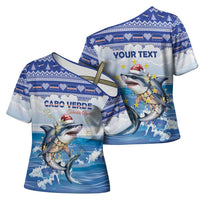Personalized Cape Verde Football Christmas Cross Shoulder Shirt Feliz Natal Tubaroes Azuis - Wonder Print Shop