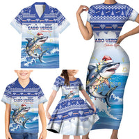 Personalized Cape Verde Football Christmas Family Matching Short Sleeve Bodycon Dress and Hawaiian Shirt Feliz Natal Tubaroes Azuis - Wonder Print Shop