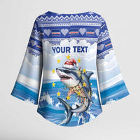 Personalized Cape Verde Football Christmas Kimono Sleeve Blouse Feliz Natal Tubaroes Azuis - Wonder Print Shop