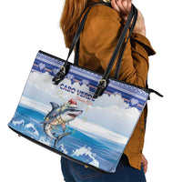 Cape Verde Football Christmas Leather Tote Bag Feliz Natal Tubaroes Azuis - Wonder Print Shop