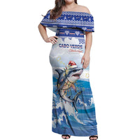 Personalized Cape Verde Football Christmas Off Shoulder Maxi Dress Feliz Natal Tubaroes Azuis - Wonder Print Shop