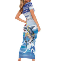 Personalized Cape Verde Football Christmas Short Sleeve Bodycon Dress Feliz Natal Tubaroes Azuis - Wonder Print Shop