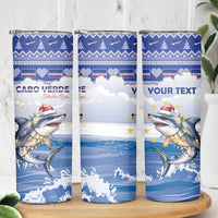 Personalized Cape Verde Football Christmas Skinny Tumbler Feliz Natal Tubaroes Azuis - Wonder Print Shop