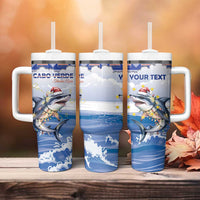 Personalized Cape Verde Football Christmas Tumbler With Handle Feliz Natal Tubaroes Azuis - Wonder Print Shop