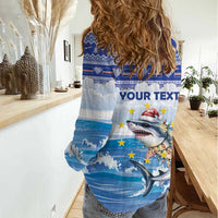 Personalized Cape Verde Football Christmas Women Casual Shirt Feliz Natal Tubaroes Azuis - Wonder Print Shop