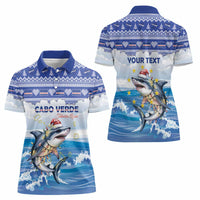 Personalized Cape Verde Football Christmas Women Polo Shirt Feliz Natal Tubaroes Azuis - Wonder Print Shop