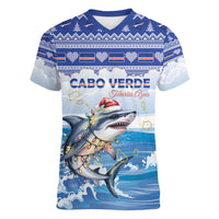 Personalized Cape Verde Football Christmas Women V-Neck T-Shirt Feliz Natal Tubaroes Azuis - Wonder Print Shop