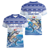 Personalized Cape Verde Football Christmas Women V-Neck T-Shirt Feliz Natal Tubaroes Azuis - Wonder Print Shop