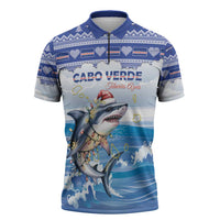 Personalized Cape Verde Football Christmas Zipper Polo Shirt Feliz Natal Tubaroes Azuis - Wonder Print Shop