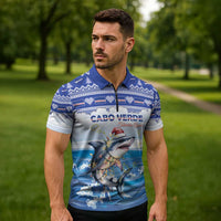 Personalized Cape Verde Football Christmas Zipper Polo Shirt Feliz Natal Tubaroes Azuis - Wonder Print Shop