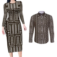 Mali Mud Cloth Couples Matching Long Sleeve Bodycon Dress and Long Sleeve Button Shirt Bogolanfini Pattern - Wonder Print Shop
