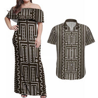 Mali Mud Cloth Couples Matching Off Shoulder Maxi Dress and Hawaiian Shirt Bogolanfini Pattern - Wonder Print Shop