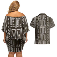 Mali Mud Cloth Couples Matching Off Shoulder Short Dress and Hawaiian Shirt Bogolanfini Pattern - Wonder Print Shop
