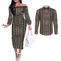 Mali Mud Cloth Couples Matching Off The Shoulder Long Sleeve Dress and Long Sleeve Button Shirt Bogolanfini Pattern - Wonder Print Shop