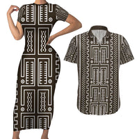 Mali Mud Cloth Couples Matching Short Sleeve Bodycon Dress and Hawaiian Shirt Bogolanfini Pattern - Wonder Print Shop