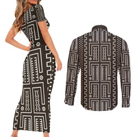 Mali Mud Cloth Couples Matching Short Sleeve Bodycon Dress and Long Sleeve Button Shirt Bogolanfini Pattern - Wonder Print Shop