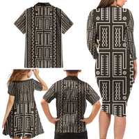 Mali Mud Cloth Family Matching Long Sleeve Bodycon Dress and Hawaiian Shirt Bogolanfini Pattern - Wonder Print Shop
