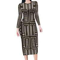 Mali Mud Cloth Family Matching Long Sleeve Bodycon Dress and Hawaiian Shirt Bogolanfini Pattern - Wonder Print Shop