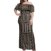 Mali Mud Cloth Off Shoulder Maxi Dress Bogolanfini Pattern - Wonder Print Shop